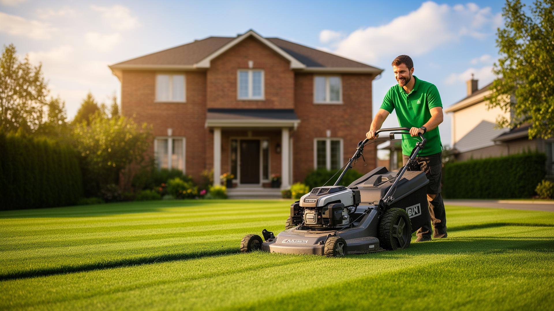 Local lawn care worker mowing a tidy residential front lawn